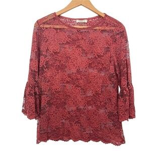 Ginger G Floral Sheer Lace Whimsical Romantic Fairy Core Bell Sleeve Top Small